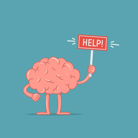 Cartoon character brain holding placard with the word Help. Concept design the brain need help.の写真素材