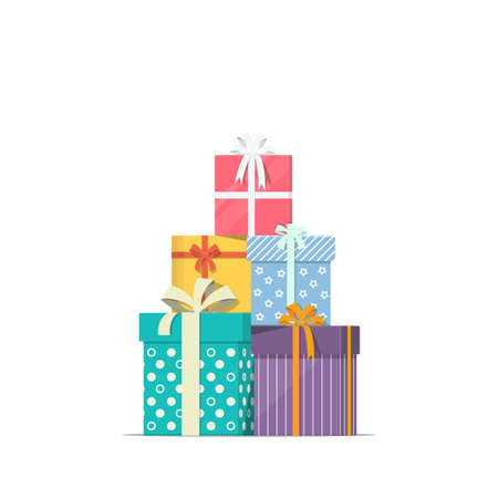 Stacked gift boxes in flat style. Concept design of holiday discount sale. Pile of presents icon. Vector illustration.のイラスト素材