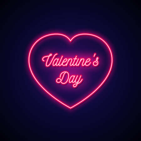 Neon signboard in shape heart with text Valentine's Day. Neon sign heart on dark background. Design element for greeting card, banner. Vector illustration.のイラスト素材