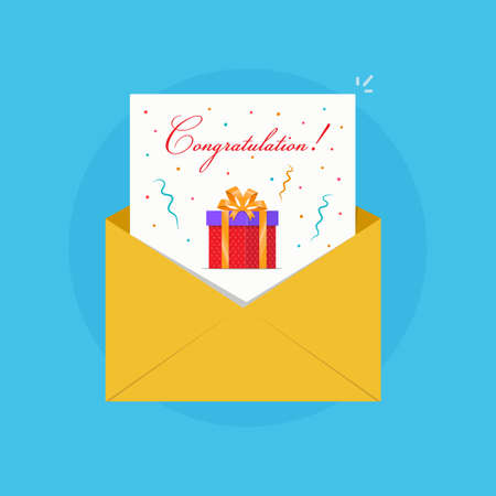 Open envelope icon with greeting card inside. Envelope with Congratulation.のイラスト素材