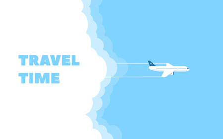 Cartoon banner of the flying plane and cloud on blue sky background. Concept design template of time to travel. Vector illustration in flat style.のイラスト素材