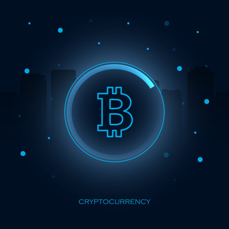 Bitcoin. Digital money. Concept design of cryptocurrency. Sign bitcoin on dark background with city skyscrapers and particles energy.のイラスト素材