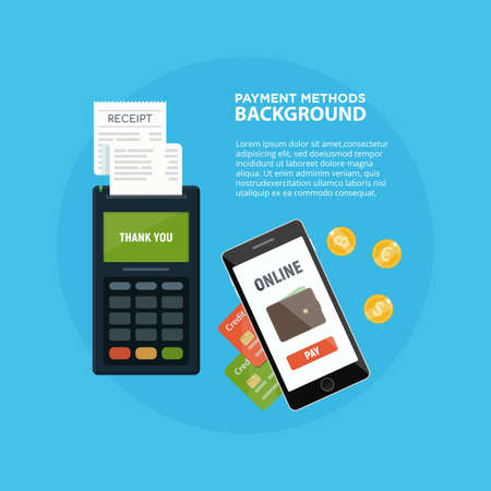 Methods payment concept. POS terminal confirm the payment. NFC payment. Online bank. Credit card. Cash. Vector illustration in flat style.のイラスト素材