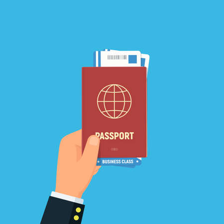 Close-up businessman hand holding passport and air boarding tickets. Travel and business trips concept. Vector illustration in flat style.のイラスト素材