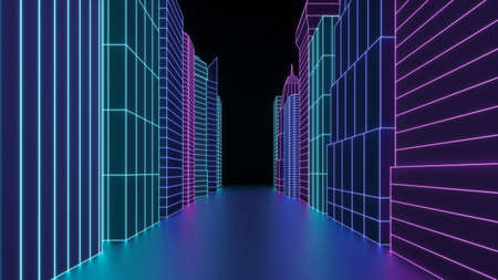 Neon hologram the city skyscrapers. Futuristic render 3d city street in neon light. Digital cityscape in a cyber world.の写真素材