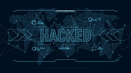 Modern futuristic background Hacked . Polygons connection structure and world map in pixels in user interface display. Danger for Personal data. Digital cyber security concept. Vector illustration.のイラスト素材