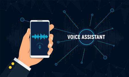 Personal assistant and voice recognition concept. Hand holds phone with voice intelligent technology. Futuristic background with soundwave and polygons connection structure. Vector illustration.のイラスト素材