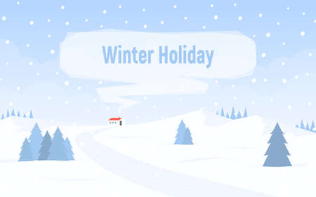Winter snowy landscape with hills. House with red roof and smoke from the chimney for text. Winter holiday. Vector illustration in flat style.の写真素材
