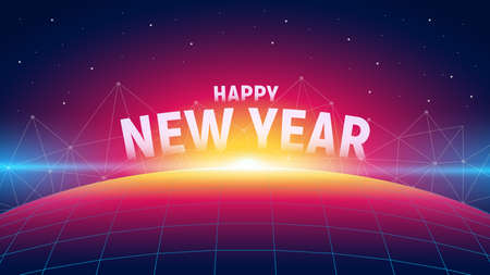 Modern futuristic new year background with sunrise, polygons connection structure and grid planet. Trendy neon style.のイラスト素材