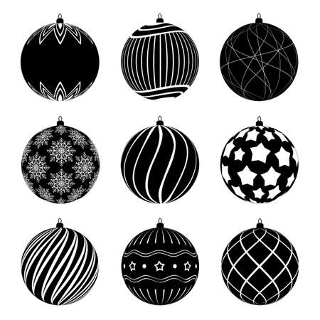 Set of silhouettes christmas balls with different textures. Christmas bauble decorated with black and white patterns.のイラスト素材