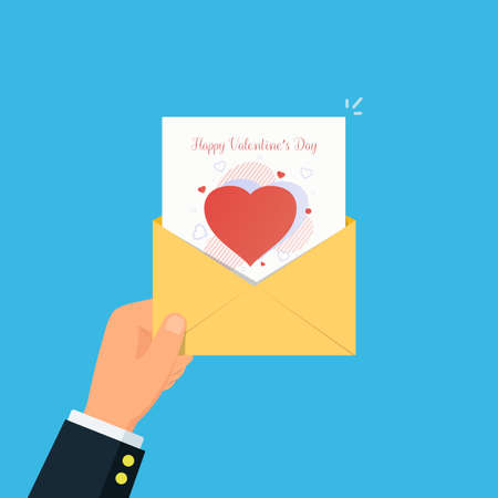 Love by mailing. Close-up of person hand holding mail envelope with greeting card Valentines Day. Vector illustration in flat style.のイラスト素材