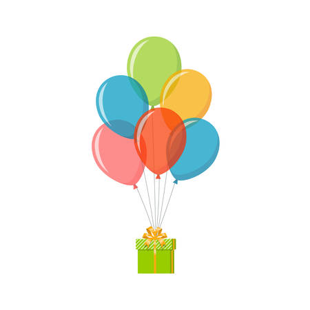 Bunch of colorful balloons with gift box. Holiday and celebration concept. Vector illustration in flat styleのイラスト素材