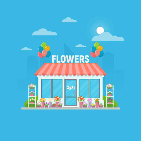 Flower shop building facade. Flower shop with different flowers in vases on city skyline. Vector illustration.のイラスト素材