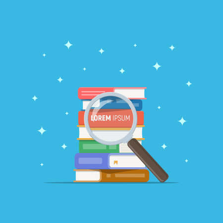Stack of book with magnifying glass. Search book in pile. Reading, education, literature, bookstore. Vector illustration in flat style.のイラスト素材