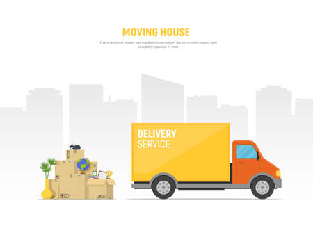 Concept moving house. Pile cardboard boxes with truck on cityscape background. Relocate to new home or office. Vector illustration in flat style.のイラスト素材