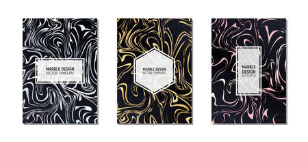 Set of luxury brochure, card, background, cover with texture of marble with imitation of gold, silver, rose gold. Liquid golden marble texture. Templates cover design in A4 size. Vector illustration.のイラスト素材