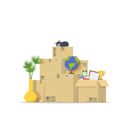 Icon pile of stacked cardboard boxes. Concept moving house. Relocation to apartment. Delivery...