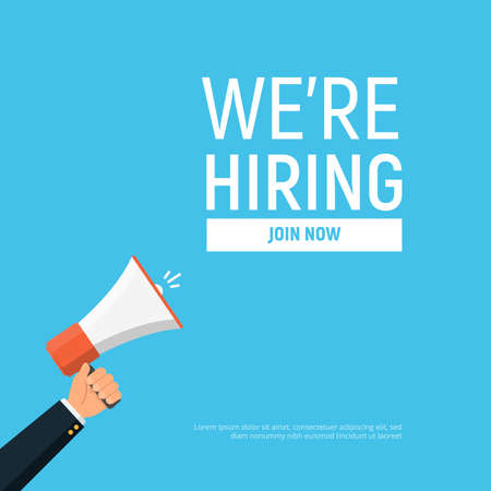 Were hiring design template business banner. Employment recruitment. Businessman holds megaphone. Open vacancy. Vector illustration in flat style.のイラスト素材