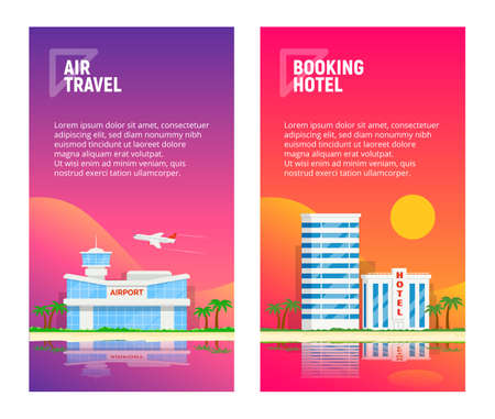 Set of mobile pages templates business concepts. Air travel. Booking hotel. Trendy gradient background. Vertical banners. Vector illustration.のイラスト素材