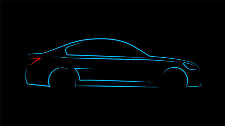 Modern car silhouette in side view. Blue neon car silhouette for logo, banner or marketing advertising design. Vector illustration.のイラスト素材