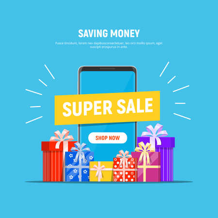 Super Sale concept. Phone with the super sale and pile gift boxes. Saving money. Vector illustration in flat styleのイラスト素材