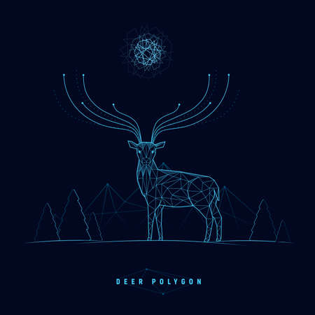 Futuristic deer and landscape with polygonal connection structure. Deer with energy horns. Magic symbol. Christmas tech banner. Concept for business, science, technology. Vector illustration.のイラスト素材
