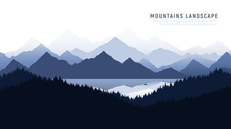 Mountains landscape. Reflection of the mountains in calm surface of a mountain lake . Silhouette man in a boat in the middle of the lake. Vector illustration.のイラスト素材