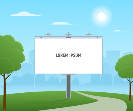 Empty city billboard. City outdoor advertising with blank billboard on cityscape background.のイラスト素材