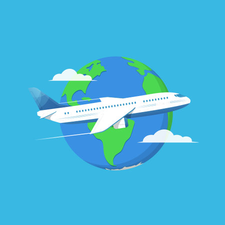 Plane jet on background planet earth. Icon airplane. Concept travel, vacation, air transportation. Vector illustration in flat style.のイラスト素材