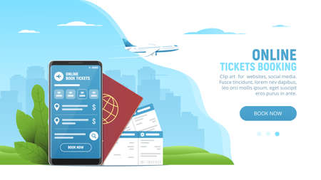 Booking flight online concept. Buying ticket with smartphone. Online registration. Buying ticket to flight for travel, airplane trip. Vector illustration.のイラスト素材