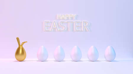 Happy easter. White eggs standing in row after golden egg. Unique 3D illustration minimal design. Business leadership concept. Pastel colors easter egg festival. 3d rendering.の写真素材