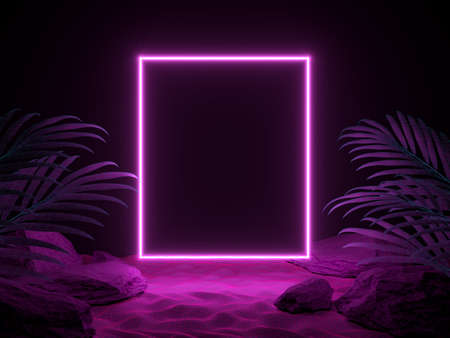 3d render futuristic scene of night beach with tropical leaves and neon light. Cyberpunk poster. Night party banner. Party invitation, beach party. 3d illustration.の写真素材