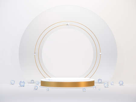 3d rendering of golden pedestal with diamonds. Luxury minimal background for branding and packaging presentation. Abstract mock up scene in white and gold colors. 3d illustration.の写真素材