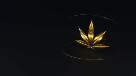 Luxury golden cannabis leaf. Golden glitter leaf of marijuana isolated on black background. Cannabis leaf isometric view with golden shapes. 3d render. 3d illustration.の写真素材