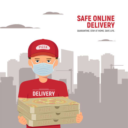 Man from delivery service in red t-shirt, in protective mask holding three boxes pizza on city background. Safe delivery service from restaurant and fast food cafe. Vector illustration in flat style.のイラスト素材