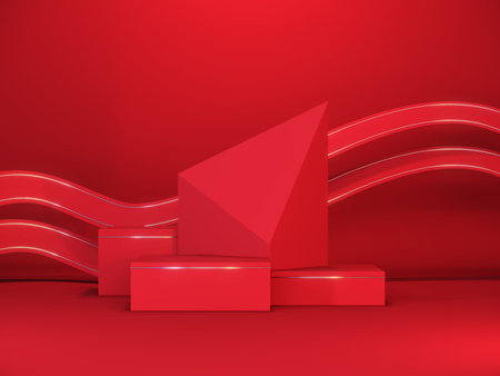 Minimal red stage podium with geometric shapes. Luxury minimal background for branding and packaging presentation. Mockup podium design concept. 3d render. 3d illustration.の写真素材