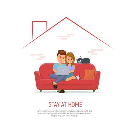 Couple with laptop on sofa internet communication, working or studying from home due to coronavirus quarantine. Family stay home during the coronavirus epidemic. Vector illustration in flat style.のイラスト素材