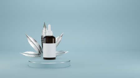 Hemp oil in glass bottle on elegant pastel blue podium background. Cosmetic, medical label and packaging, mock up for advertising and design cannabis oil. 3d rendering. 3d illustration.の写真素材