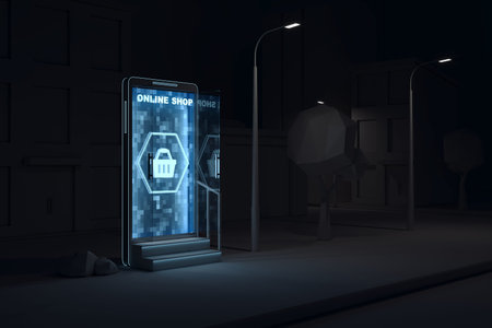 Online shopping concept. Abstract night city with big futuristic smartphone on screen of which...
