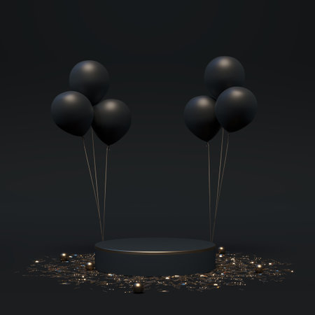 Scene mock up podium with balloons in black and gold colors. Luxury template product display for branding and packaging presentation. Elegant cosmetic and fashion concept. 3d render. 3d illustration.の写真素材
