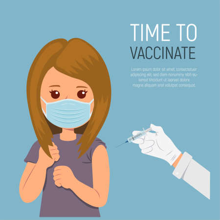 Time to vaccination concept. Doctor hand giving vaccine  to a patients shoulder. Vaccination and prevention against virus disease pandemic. Vector illustration in flat styleのイラスト素材