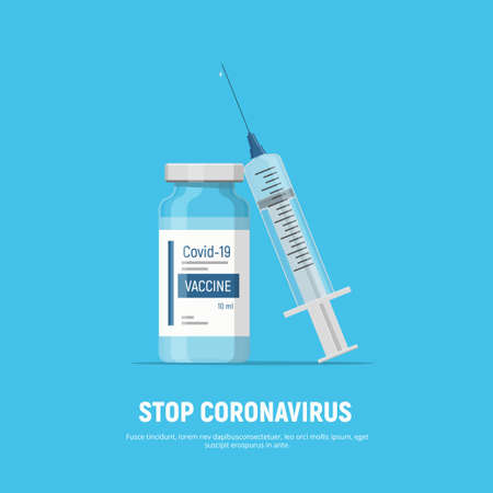 Isolated icon of vaccine vial and syringe. Health medicine concept. Pandemic outbreak. Global vaccination. Flat vector illustration. Infographic.のイラスト素材