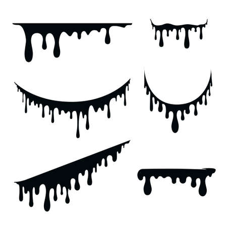Silhouette of flowing fluid. Flowing paint. Dripping liquid. Different form: line, circle, square, skew, ellipse. Vector illustration for oil, honey, chocolate, blood, ink, water, etc.のイラスト素材