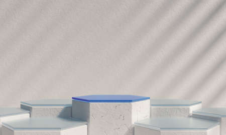 Podium for branding and packaging presentation. Product display with marble stone texture and glass. Natural beauty pedestal in sunlight with shadows. Minimal scene. 3d illustration. 3d render.の写真素材