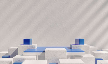 Podium for branding and packaging presentation. Cosmetic and fashion. Product display with white concrete, marble stone texture. Natural beauty pedestal in sunlight. 3d illustration. 3d render.の写真素材