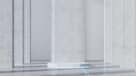 Concrete podium in white futuristic interior with neon light and lines. Business technology mock up of for branding and presentation. 3d render. 3d illustration.の写真素材