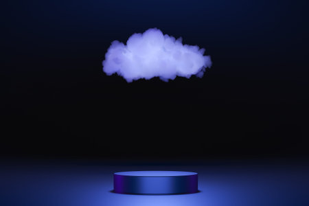 Futuristic podium for branding and packaging presentation with cloud. Fantasy concept.