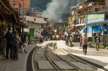 Aguas Calientes, Peru - SEPTEMBER 26, 2015: Train tracks in Aguas Calientes, Peru. It is the seat of the Machu Picchu District. It is the closest access point to the historical site of Machu Picchuのeditorial素材