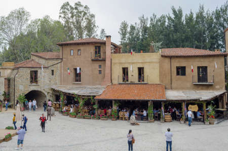 VAL'QUIRICO, TLAXCALA,MEXICO- MARCH 25, 2017: Medieval square with restaurants in Val'Quirico, a new town near to Tlaxcala, Mexicoのeditorial素材