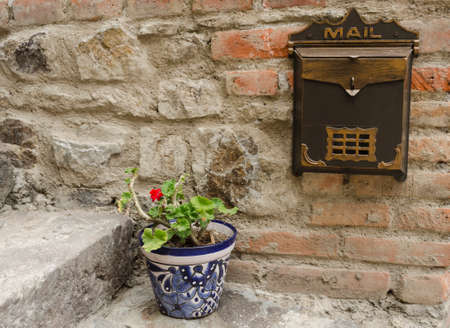 Vintage mailbox on a brick wall and plantの写真素材
